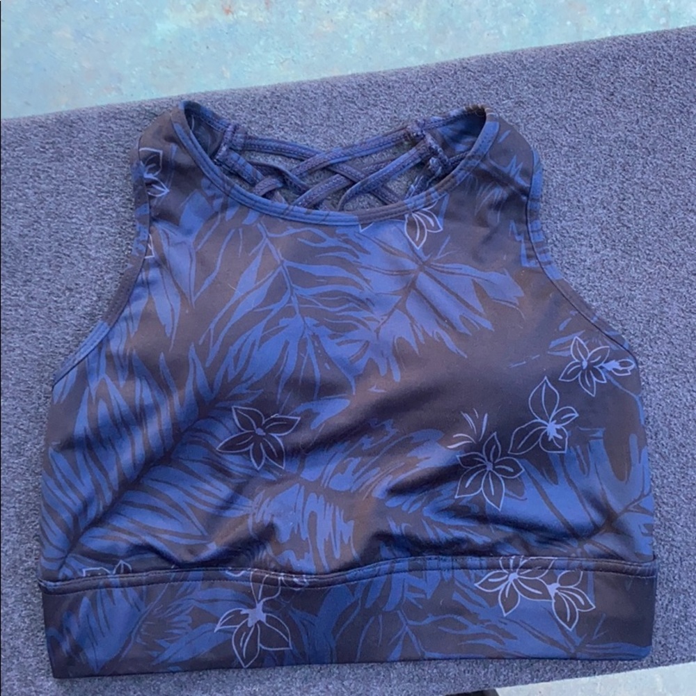 Black and midnight blue tropical print sports bra